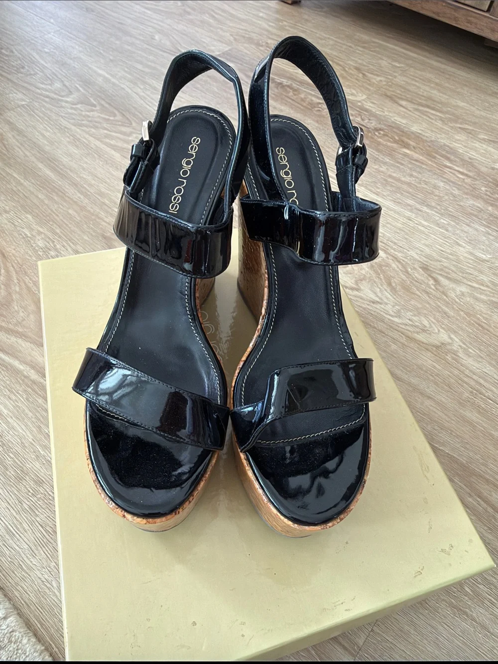 Sergio Rossi Black Patent Cork Wedge Sandals